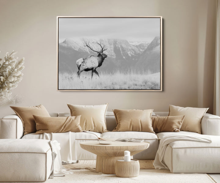 Rustic Elk Wall Art Canvas Print, Wildlife Antler Print, Framed Western Hunting Lodge Art Print, Large Mountain Nature Scene Printing Perfect for Japanese Decor