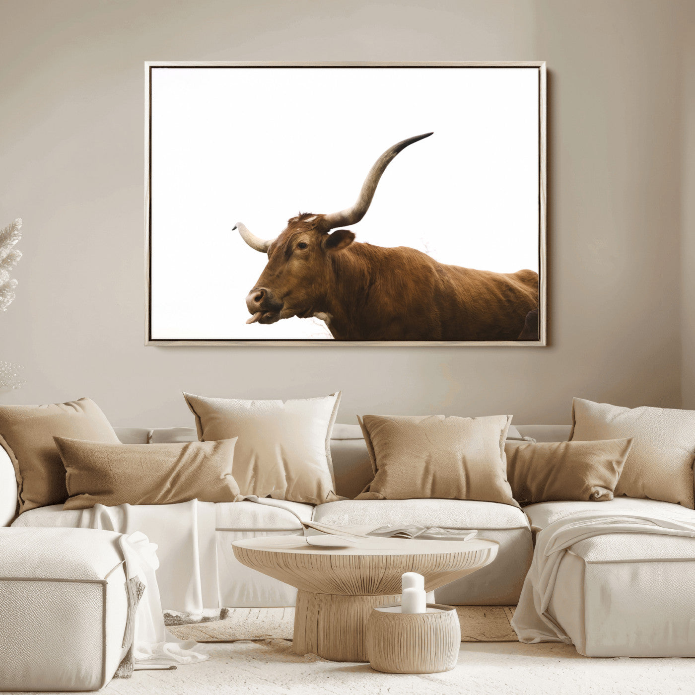 Side view of a brown Longhorn cow with curved horns on white background, perfect for rustic farmhouse or western-style home decor.