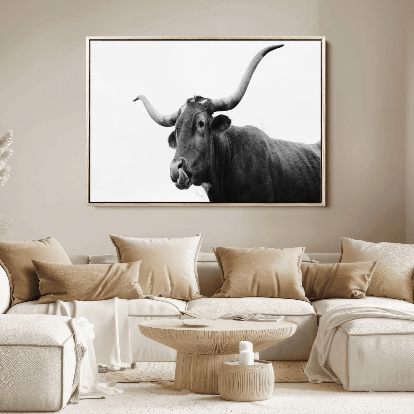 Black and white photo of a Texas Longhorn cow with curved horns, ideal for rustic, western or minimalist style home decor.