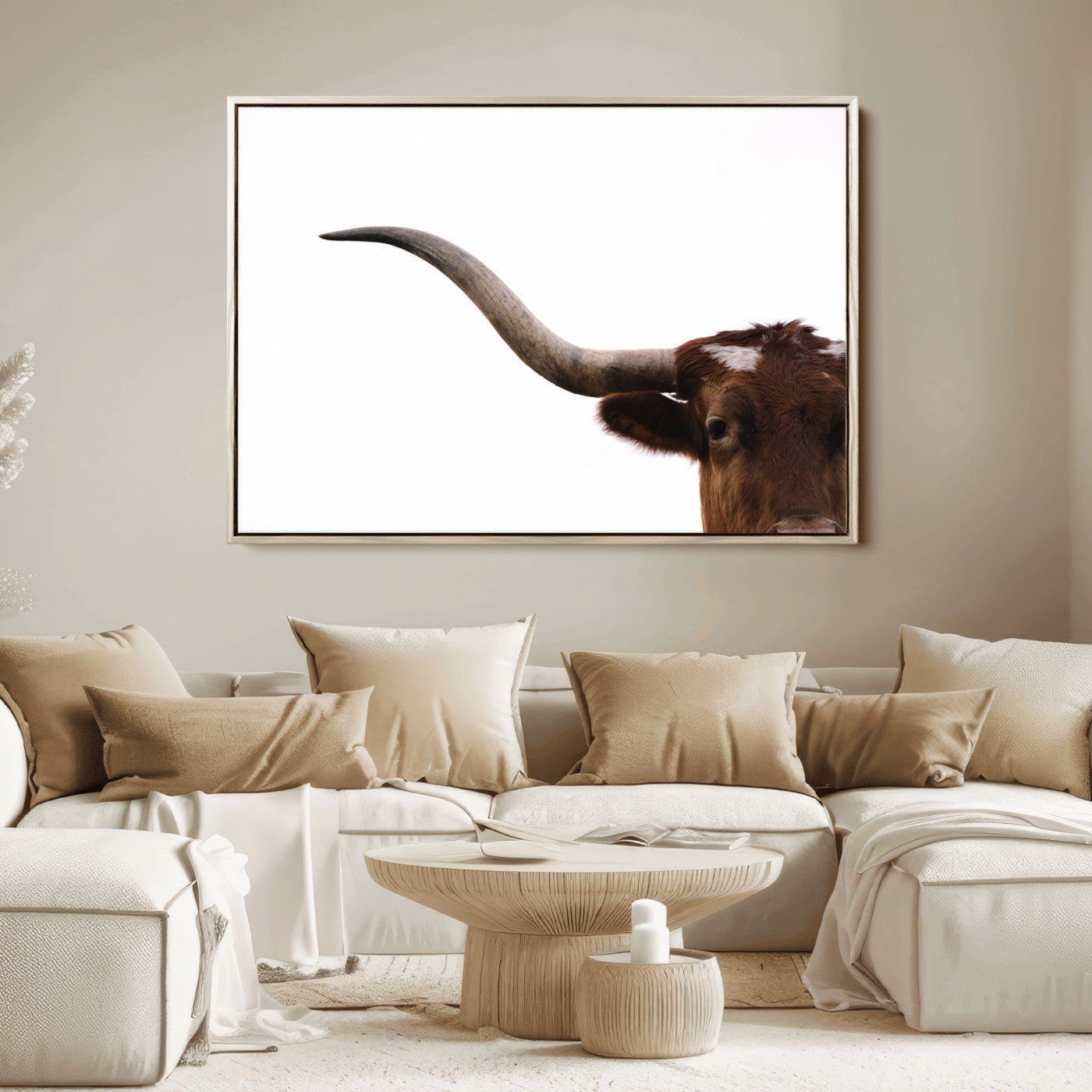Close-up of Texas Longhorn horn and eye on white background, perfect for minimalist or modern farmhouse style wall decor.