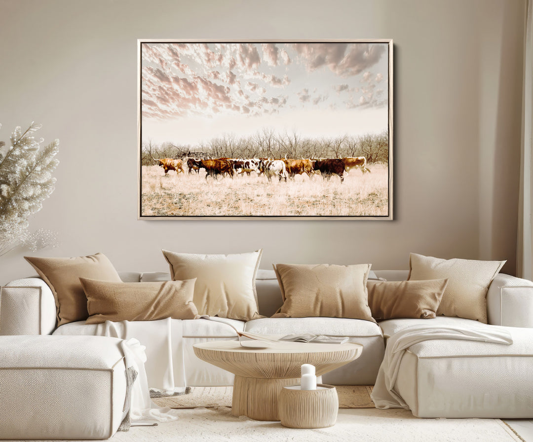 Longhorn Cattle Wall Art Canvas Print, Texas Ranch Print, Framed Western Cow Art Print, Large Prairie Landscape Printing Perfect for Western Decor