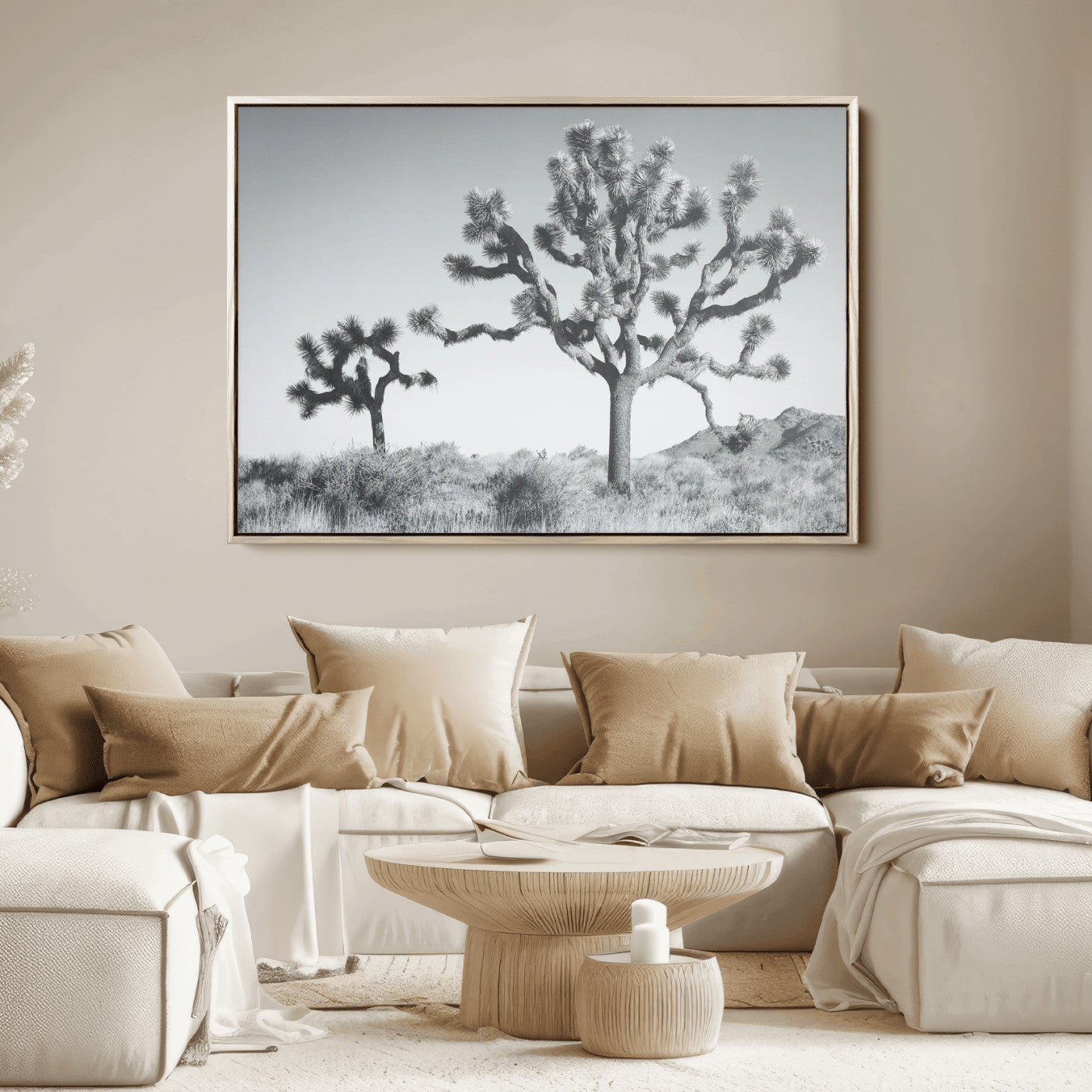 Two Joshua trees in a black and white desert landscape with distant hills, ideal for boho or rustic interior wall styling.