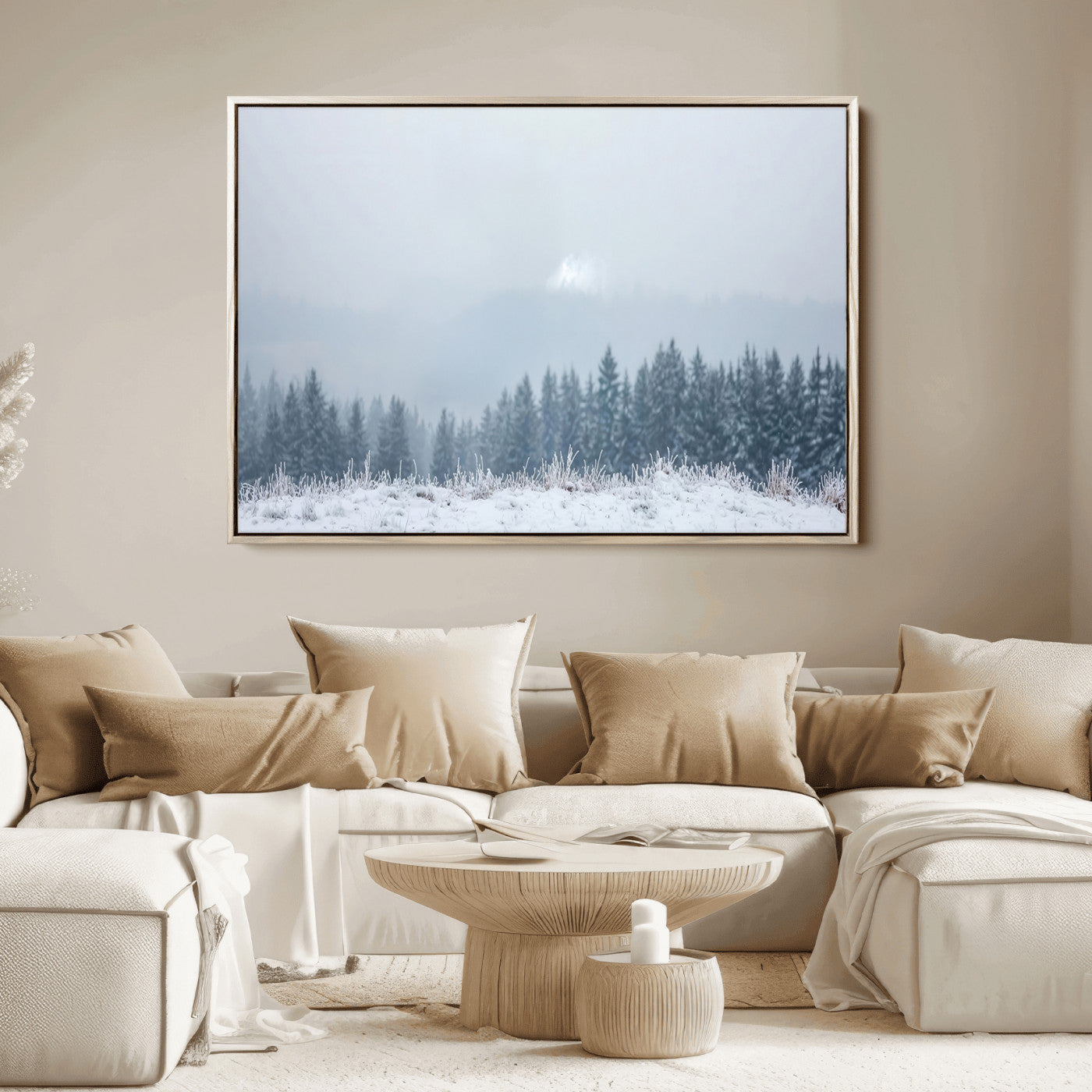 Snow-covered forest under misty sky, soft light breaking through clouds, ideal for minimalist or Nordic-inspired home decor.