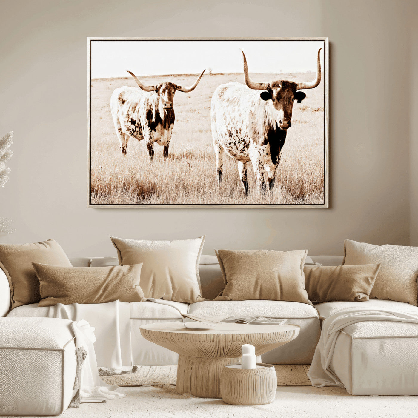 Two Texas longhorn cows standing in a sepia-toned pasture, evoking rustic charm perfect for farmhouse or western country interiors. (