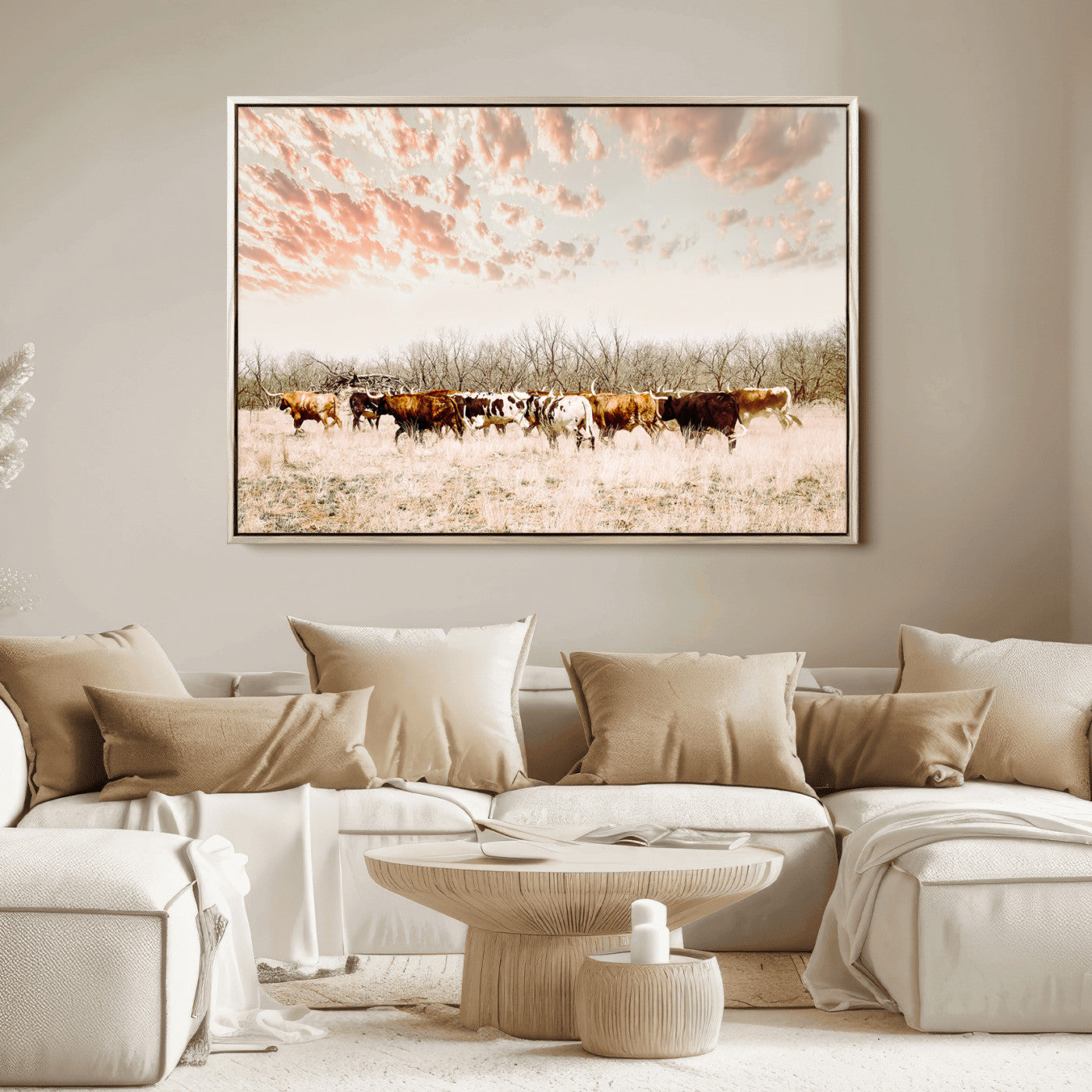 Cattle herd in a soft-toned field under a pastel pink sky, creating a peaceful rustic feel, perfect for farmhouse or western-themed spaces.