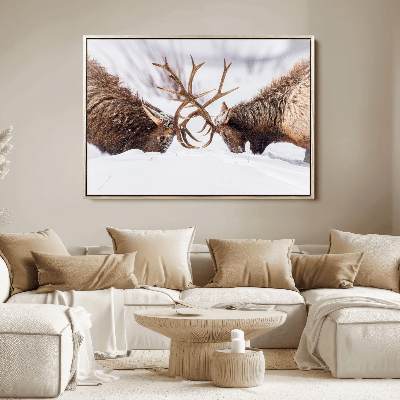Two elk clashing antlers in a snowy forest, capturing raw power and wild energy, ideal for rustic cabin or lodge-style decor.