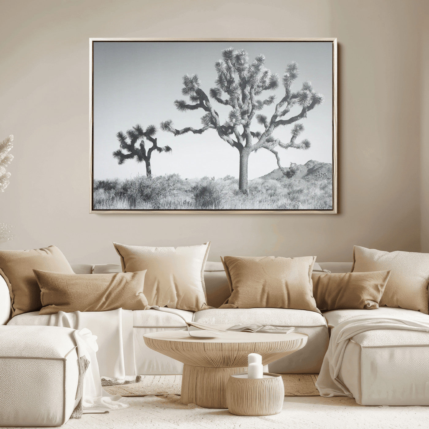 Black and white Joshua tree in a desert landscape with soft light and dry brush, perfect for rustic or minimalist home decor.