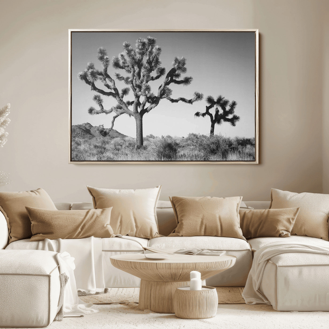 Black and white Joshua trees in a rugged desert landscape, creating a calm and minimalist feel for natural or rustic-themed interiors.