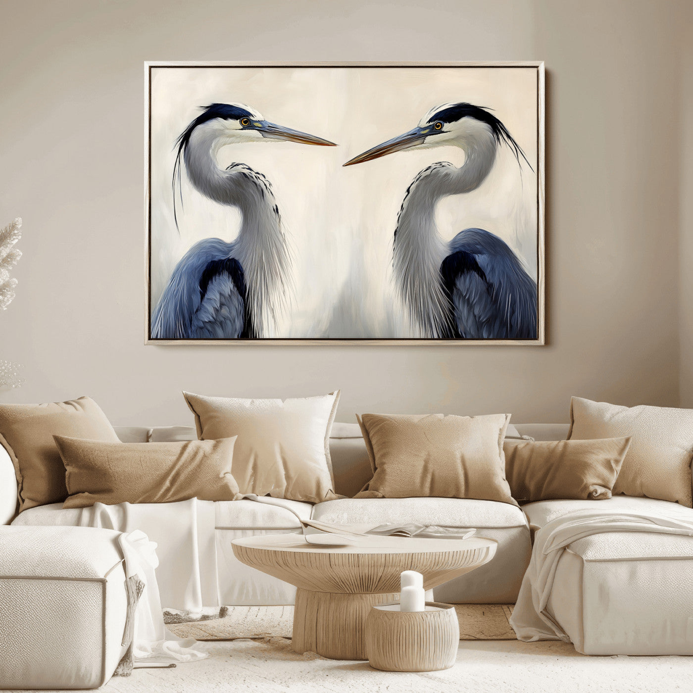 Two blue herons facing each other on a soft neutral background, ideal for coastal, tranquil, or nature-inspired minimalist interiors.