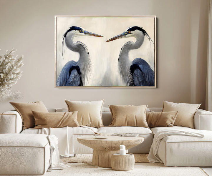 Blue Heron Pair Art Canvas Print, Coastal Bird Theme Print, Framed Tranquil Wildlife Scene Art Print, Large Nature Inspired Decor
