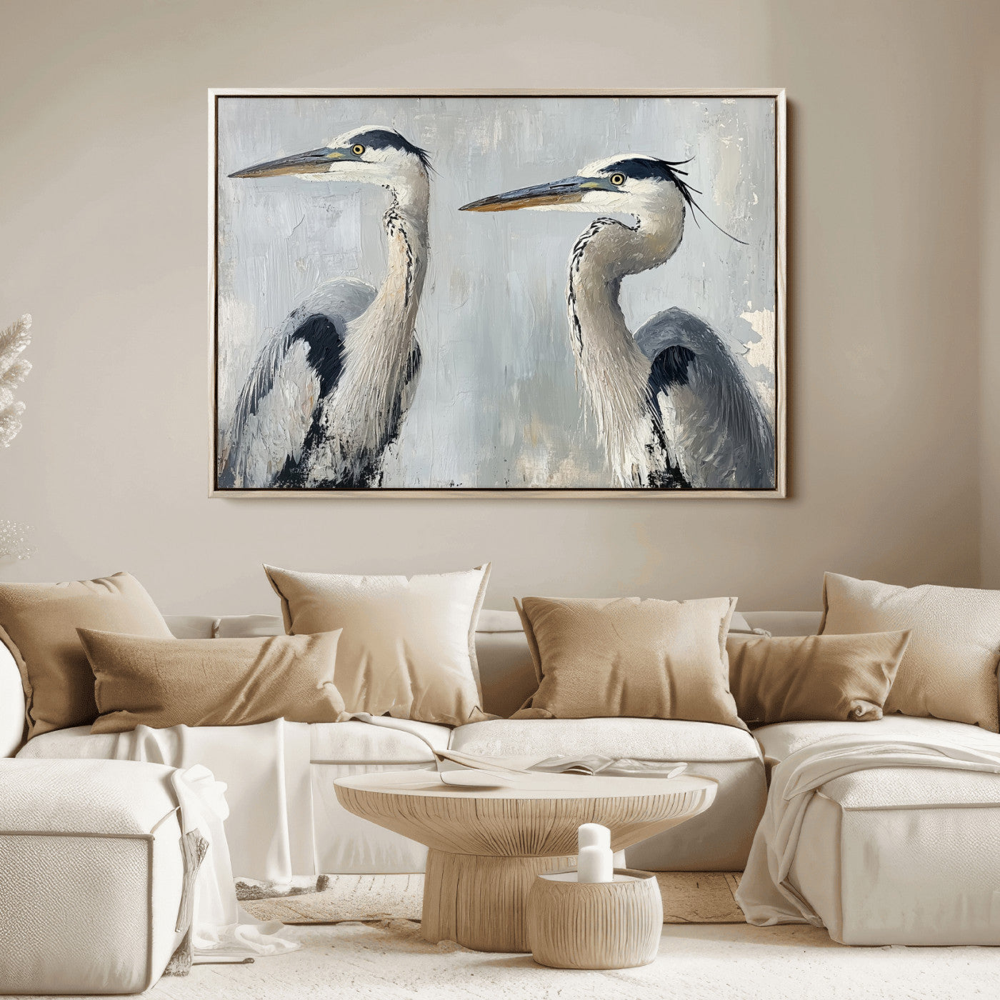 Two elegant herons in profile with soft brush strokes and blue-grey tones, ideal for serene, coastal, or minimalist interior decor.