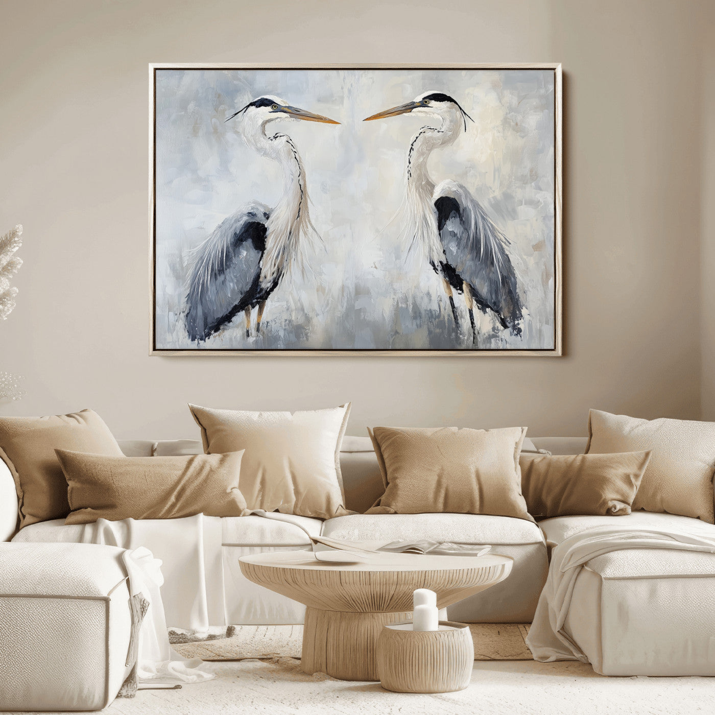Two herons facing each other on a soft-toned background with blue-grey feathers, perfect for tranquil, coastal or nature-themed interiors.