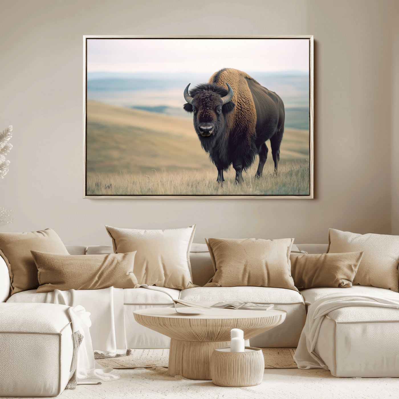 A bison standing strong on a grassy prairie with rolling hills in the background, perfect for rustic and Western-inspired wall decor.