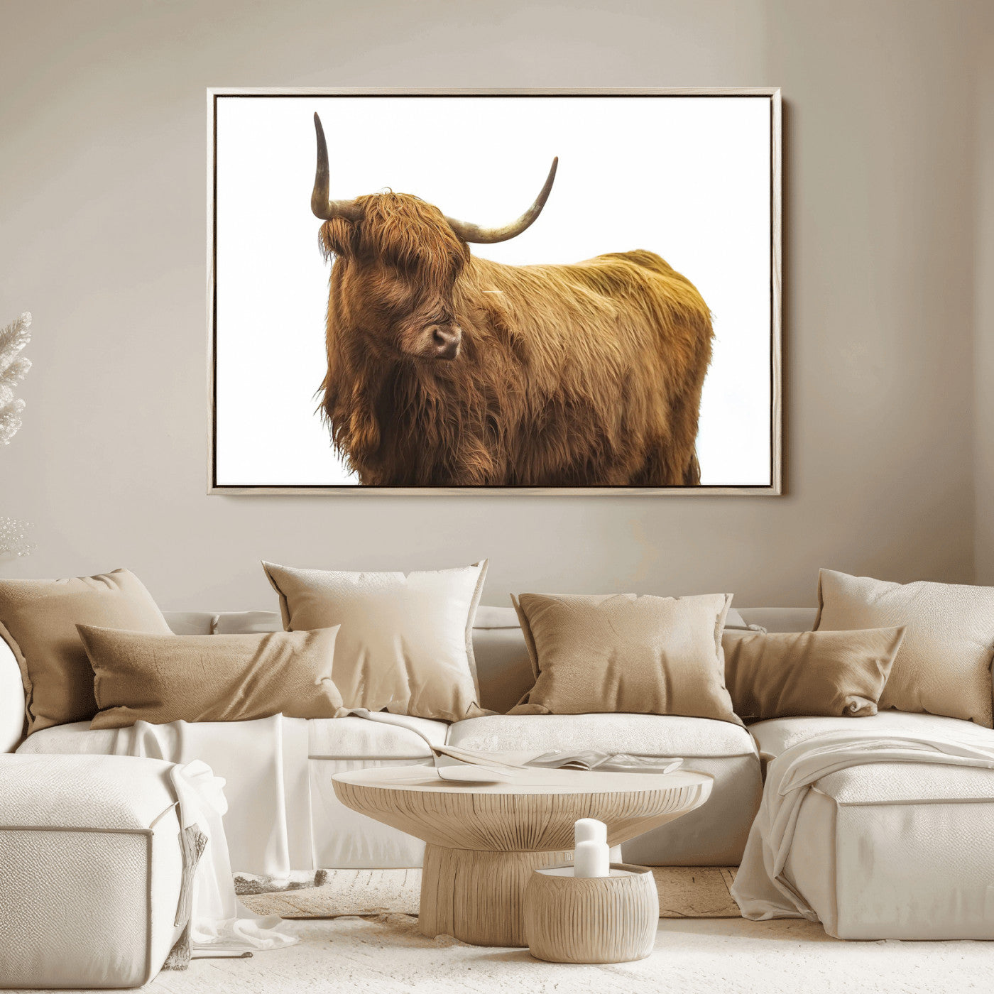 A highland cow with long horns and shaggy fur standing calmly, isolated on white background, ideal for rustic or farmhouse wall decor.