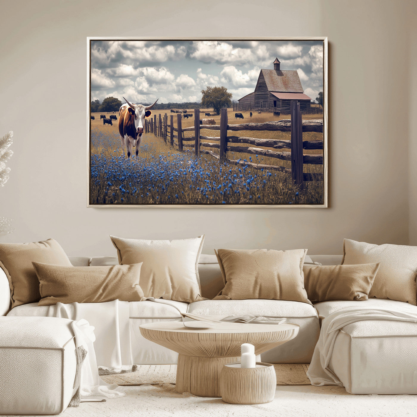 Framed canvas print of a Texas Longhorn near a rustic barn and fence, ideal for farmhouse or western-style home wall decor.