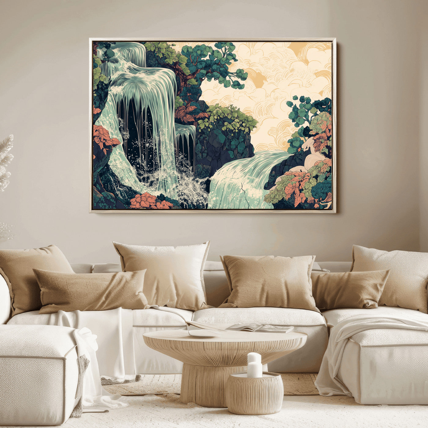 Stylized waterfall flowing through rocky terrain and lush foliage in an oriental art style, ideal for peaceful and nature-themed interiors.