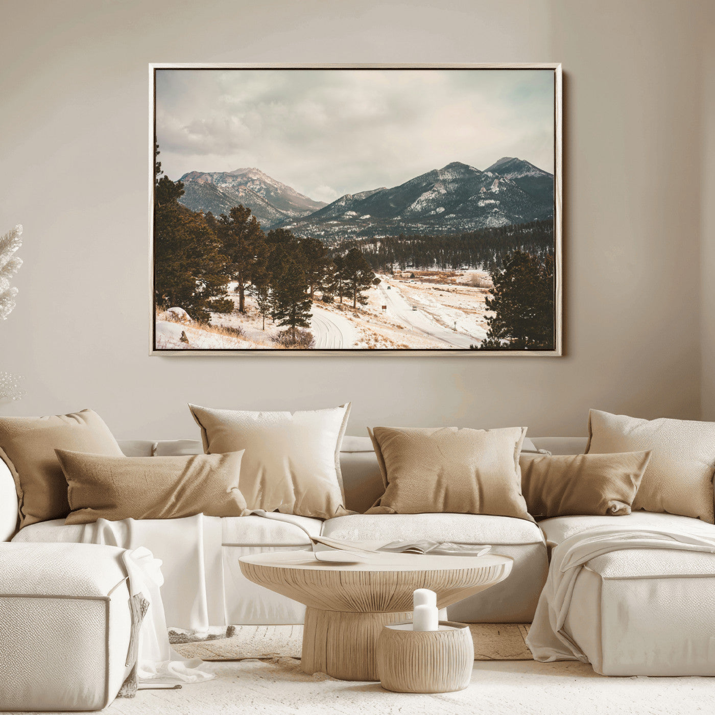 Snow-covered mountains with pine trees and a winding path, creating a serene and rustic winter landscape perfect for cozy decor.