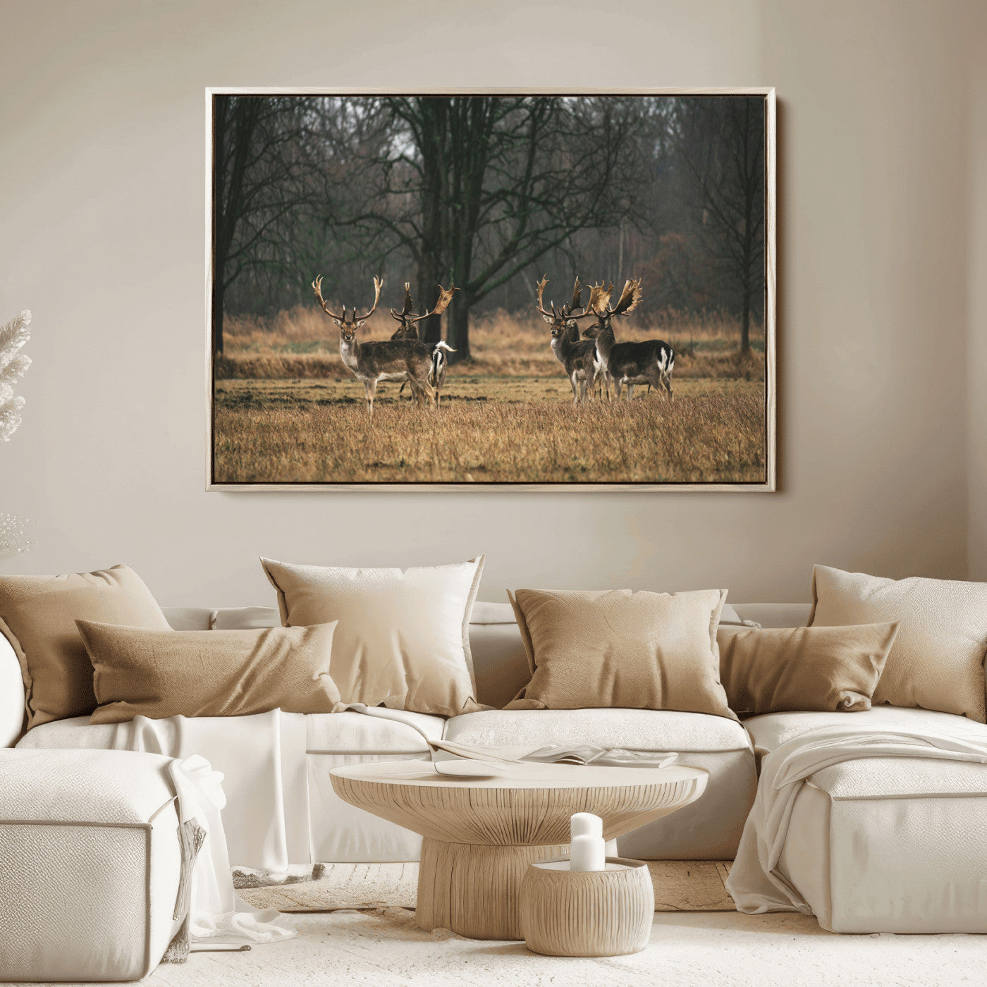 A group of majestic deer standing in a golden field with bare trees in the background, creating a peaceful woodland scene.