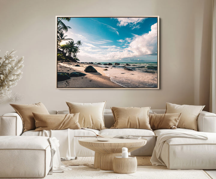 Tropical Beach Wall Art Canvas Print, Framed Ocean Waves Art Picture Print, Relaxing Seascape Perfect Tropical Coastal Decor Artwork