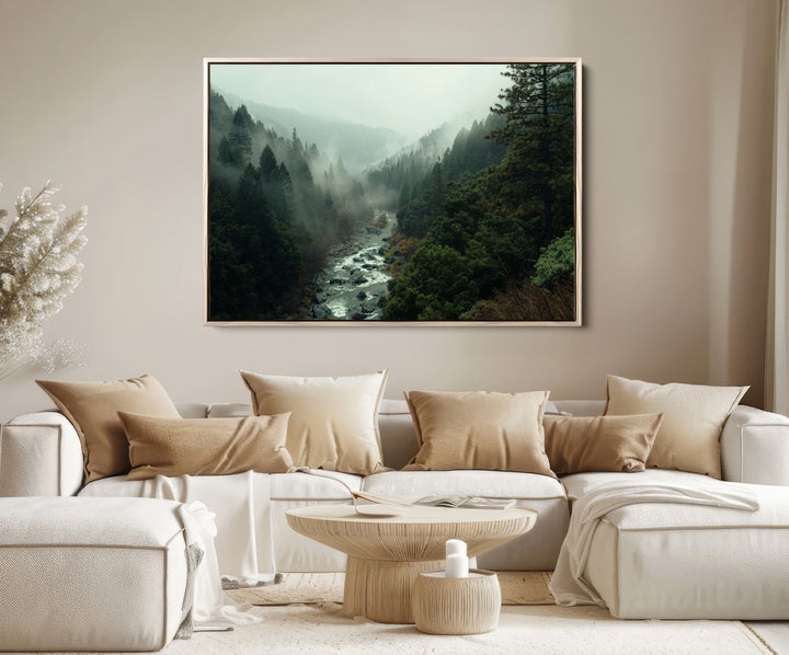 Misty Forest Wall Art Canvas Print, Framed Foggy River Art Picture Print, Moody Landscape Perfect Wilderness Decor Artwork