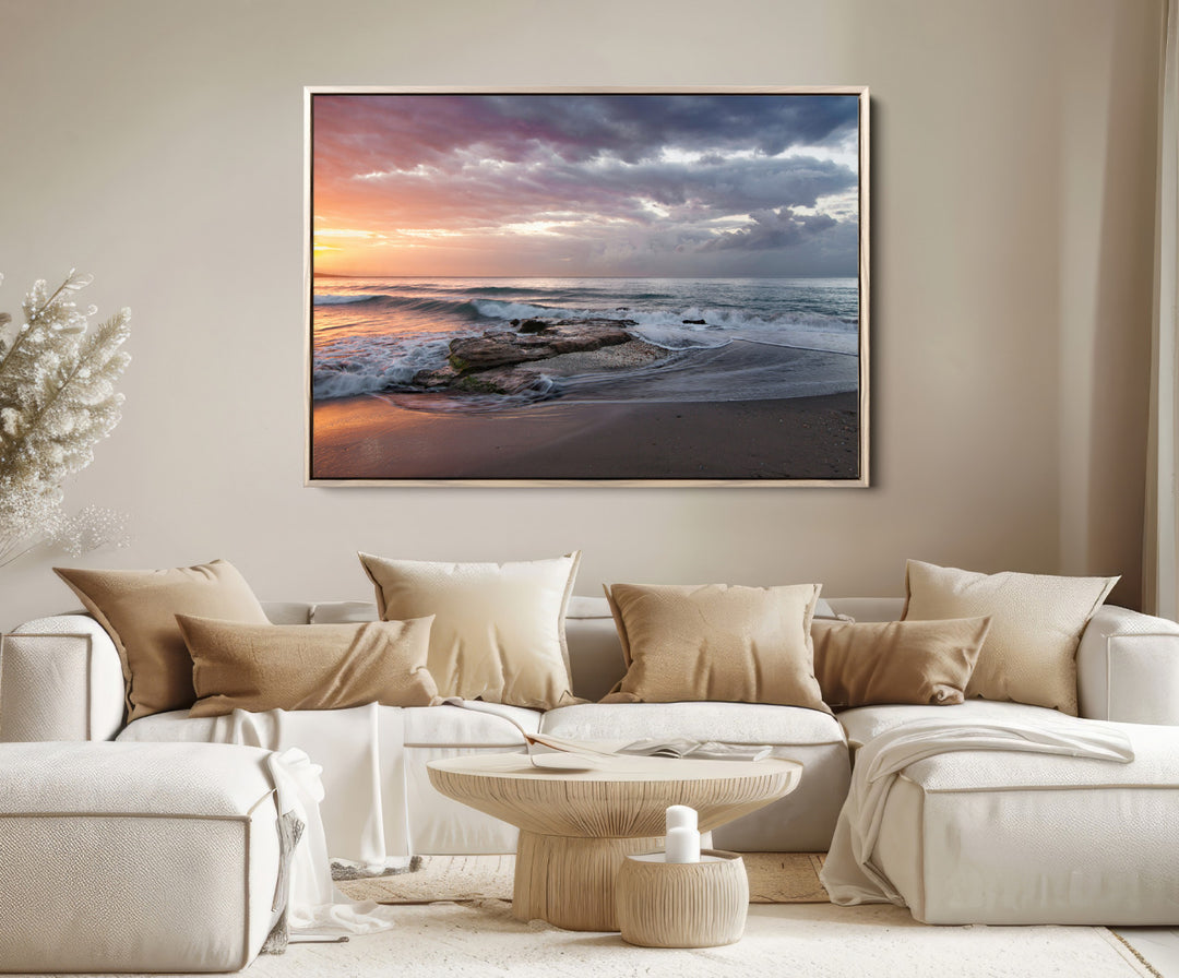 Golden Hour Wall Art Canvas Print, Framed Tranquil Waves Art Picture Print, Beach Perfect Coastal Serenity Decor Artwork