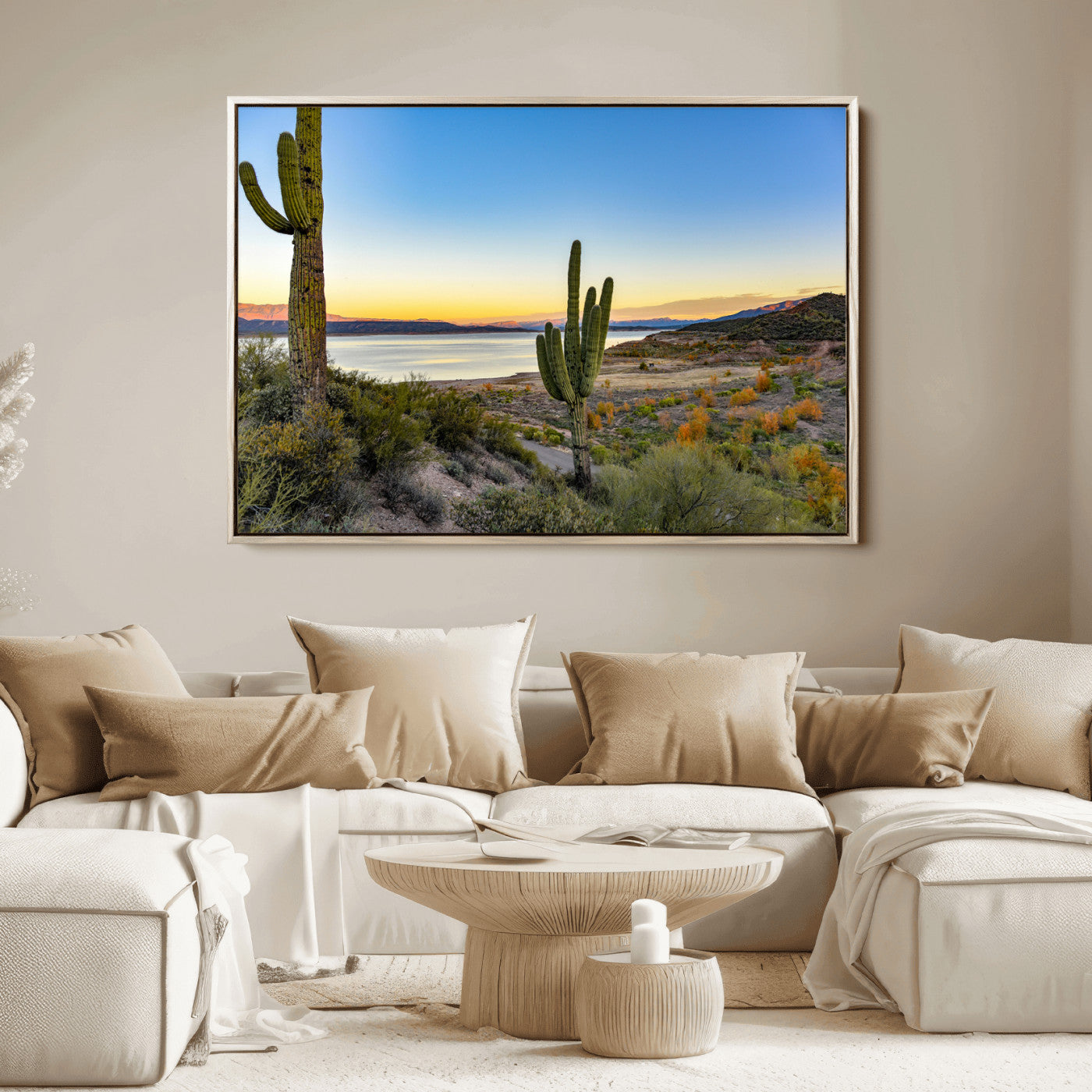 Desert landscape with saguaro cacti and lake at sunset, featuring vibrant sky and hills, ideal for Southwestern or rustic wall decor.