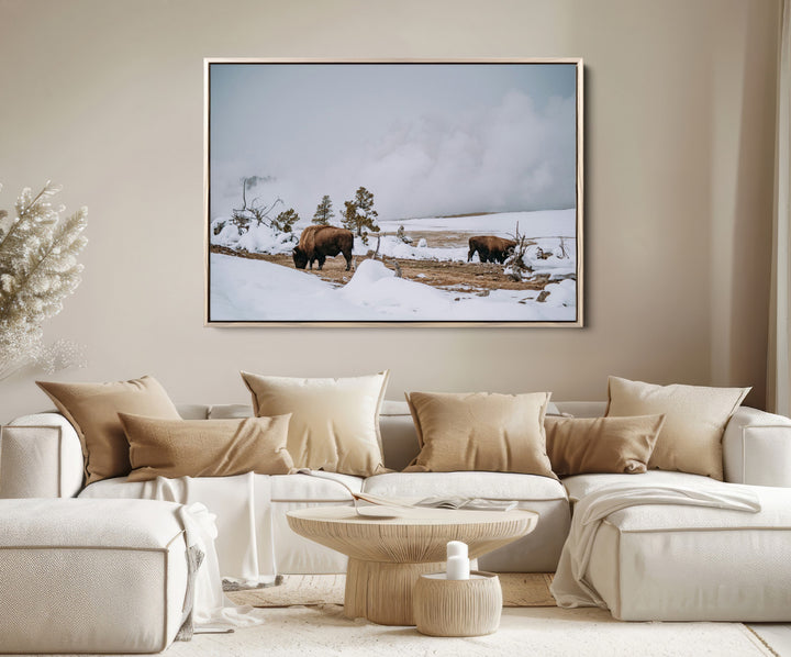 Bison Wildlife Wall Art Canvas Print, Framed Snowy Prairie Art Picture Print, Western Perfect Rustic Decor Artwork
