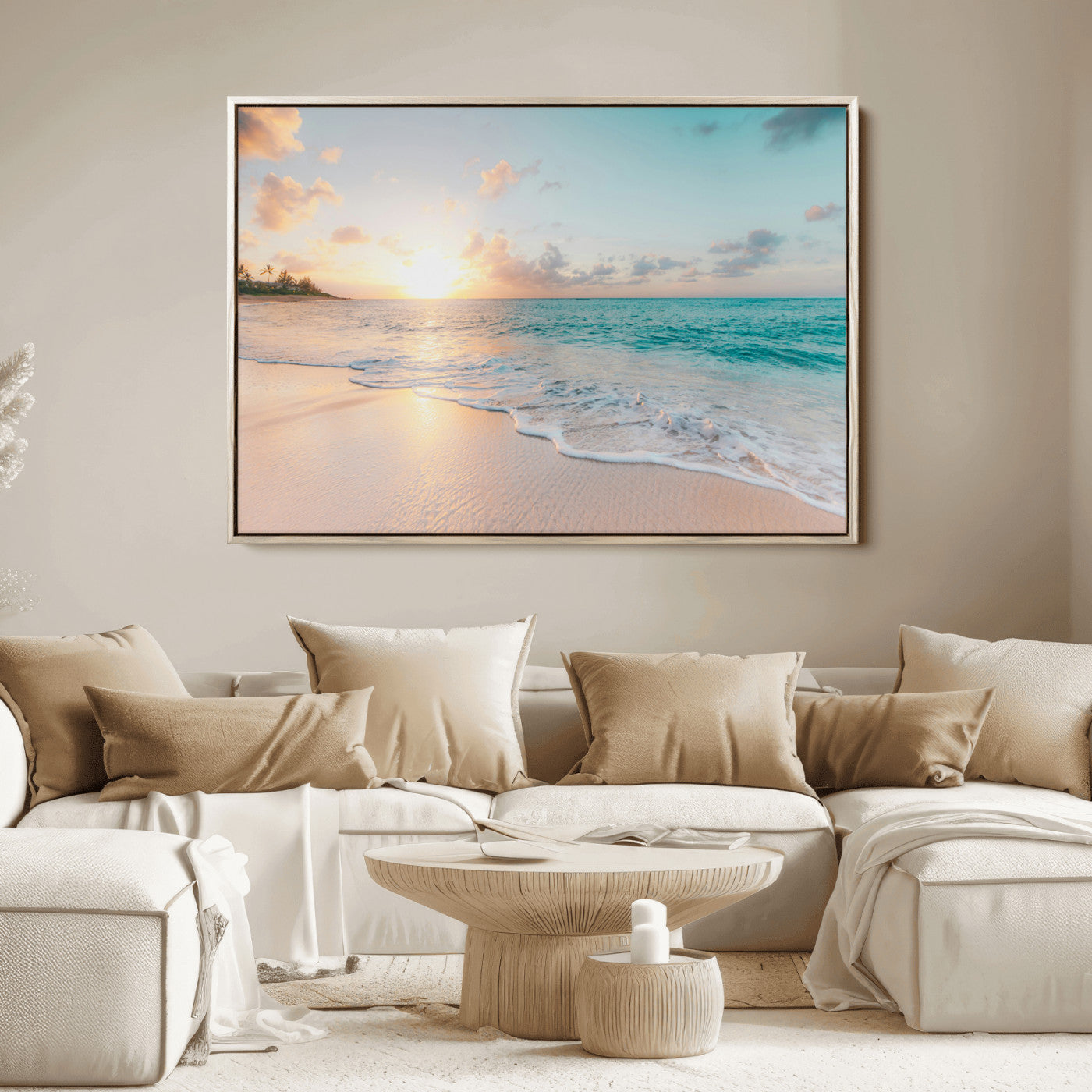 Golden sunset over a tropical beach with gentle ocean waves and soft white sand, creating a peaceful and relaxing coastal scene.