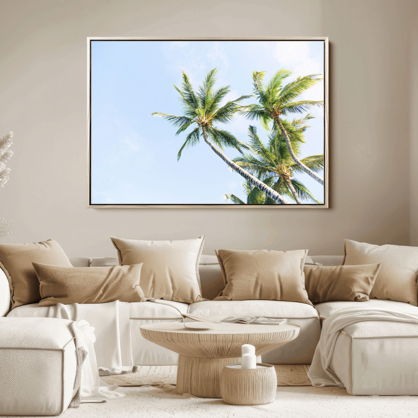 Tall palm trees swaying under a bright blue sky, capturing a tropical and minimalist beach vibe, perfect for coastal-inspired wall art.