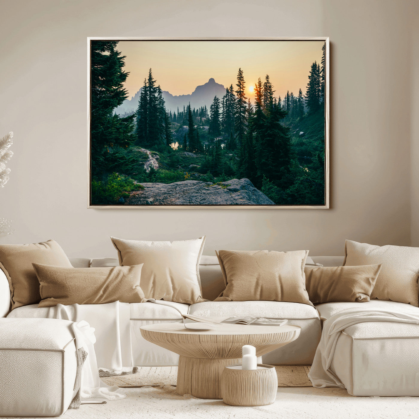 Mountain landscape with evergreen trees at sunset, casting a golden glow over the wilderness, creating a peaceful and rustic nature scene.