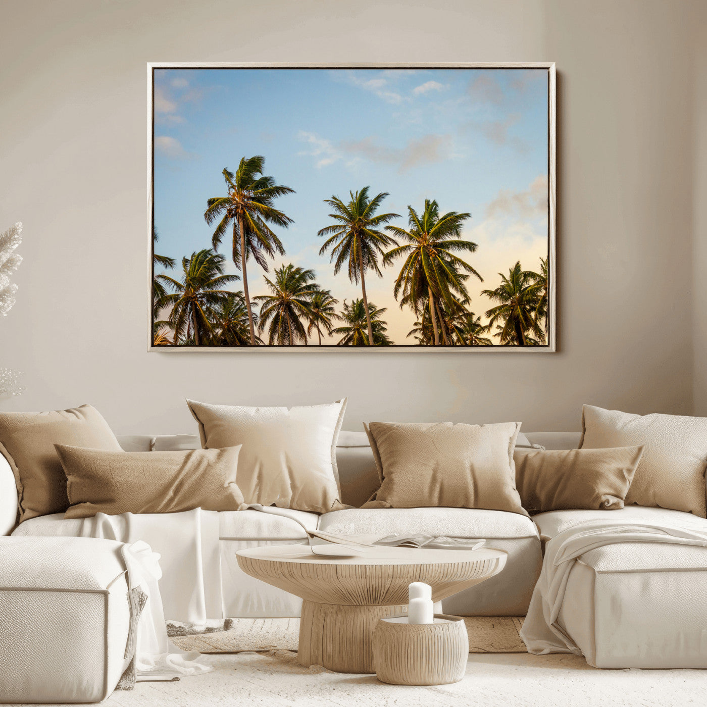 Tall palm trees swaying under a soft sunset sky, creating a tropical and relaxing atmosphere, perfect for coastal and beach-inspired wall art.