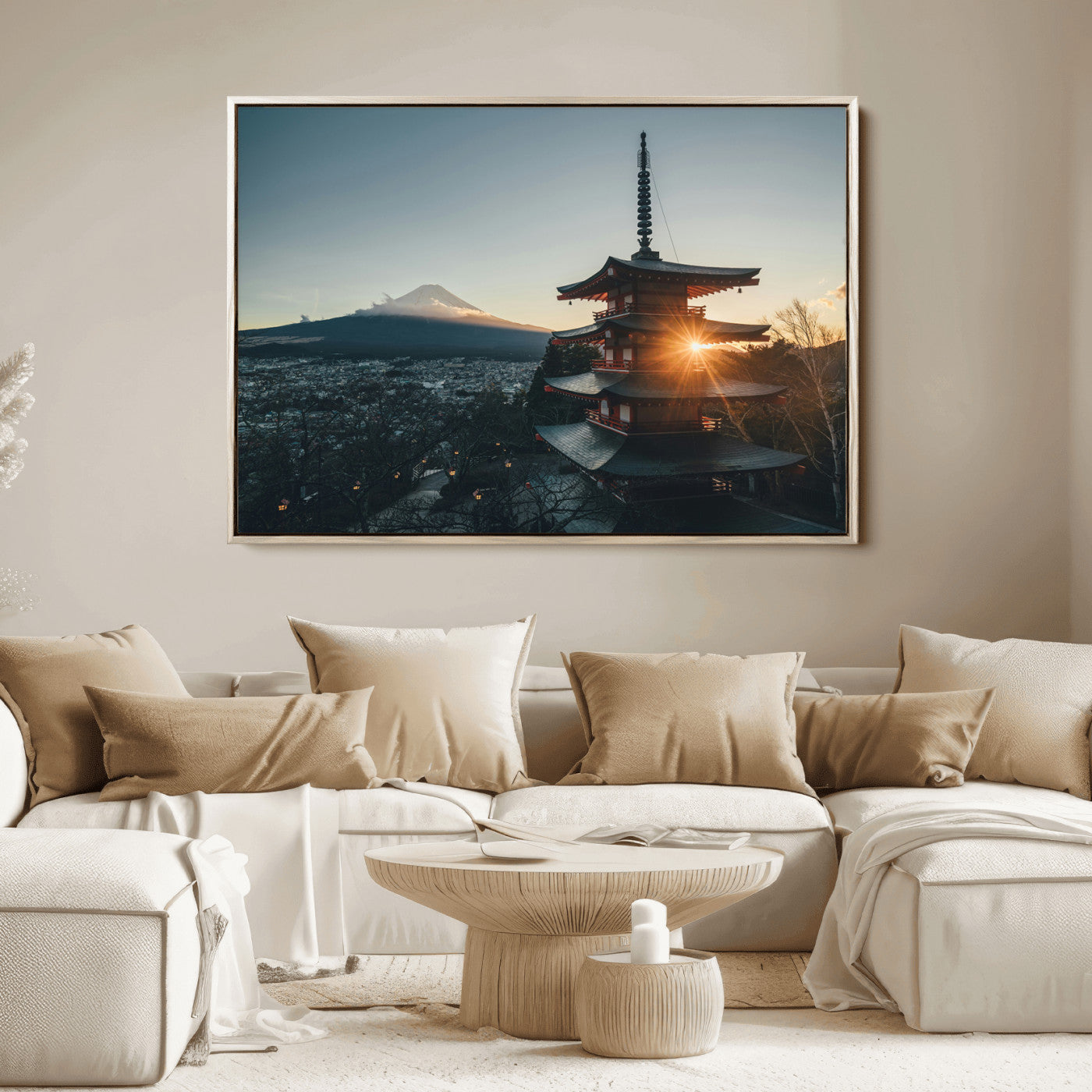 Chureito Pagoda at sunset with Mount Fuji in the background, city lights below, and golden sun rays, ideal for Japanese-inspired wall art.