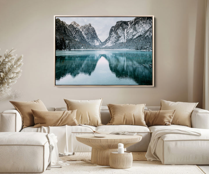 Mountain Lake Wall Art Canvas Print, Framed Winter Wonderland Art Picture Print, Snowy Peaks Perfect Modern Nature Decor Artwork