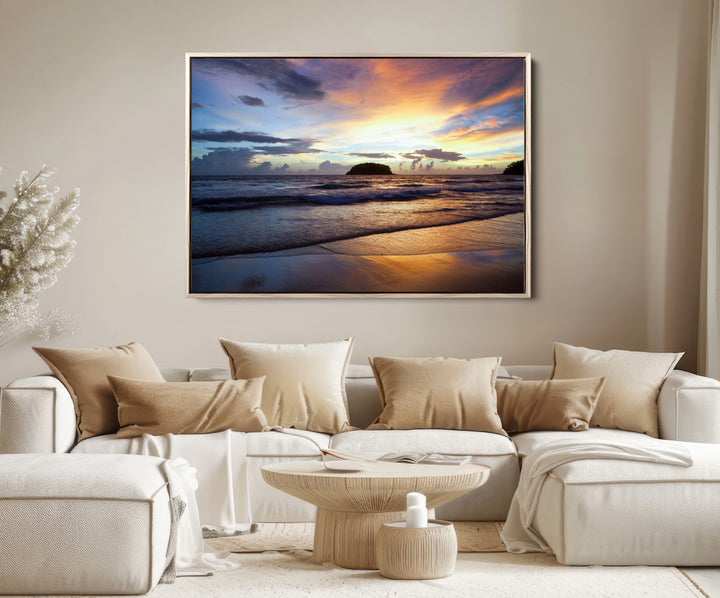 Beach Sunset Wall Art Canvas Print, Framed Ocean Waves Art Picture Print, Tropical Seascape Perfect Coastal Serenity Decor Artwork