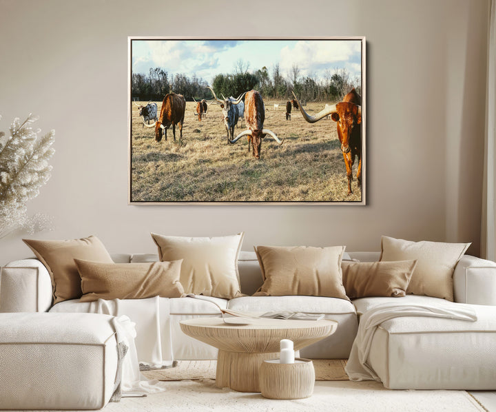 Texas Longhorns Wall Art Canvas Print, Framed Rustic Farm Scene Art Picture Print, Western Cattle Print Canvas Perfect Rustic Farmhouse