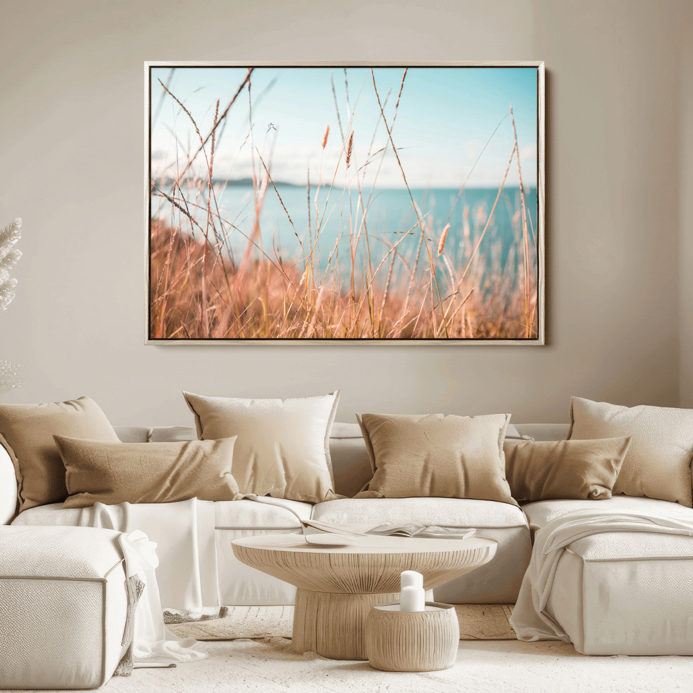 36108696-MGV-FC-36X24_Natural-Golden Beach Grass Ocean Breeze Soft Focus Tranquil Coastal Calm Blue Sky Seascape Nature Wall Art Canvas Print