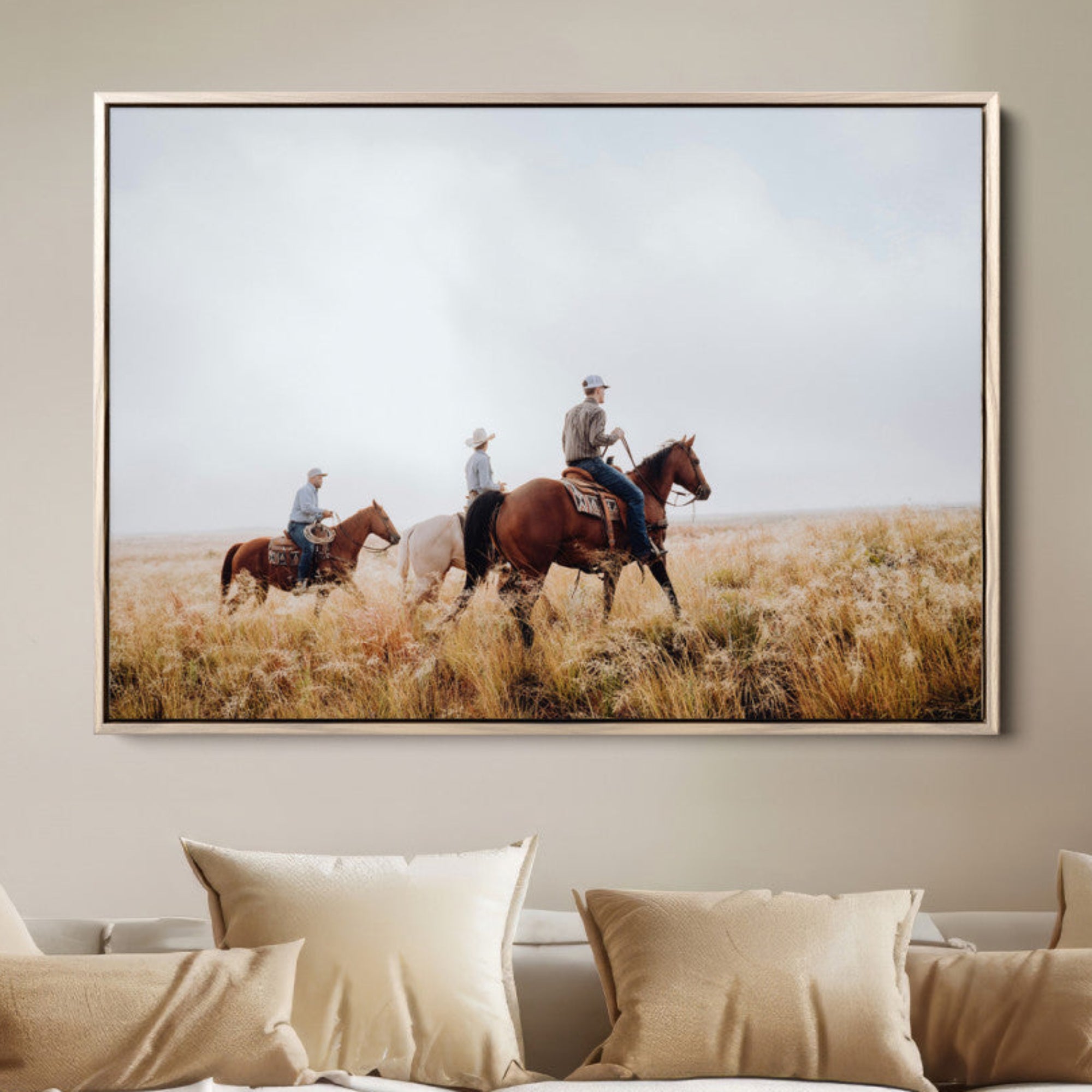 94723307-MGV-FC-36X24-Western Cowboys Wall Art Canvas Print – Rustic Prairie Horseback Riding Scene Country Landscape Artwork for Home Office
