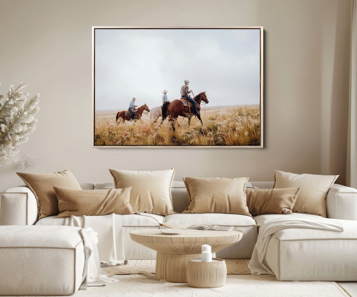Western Cowboys Wall Art Canvas Print, Framed Rustic Prairie Art Picture Print, Horseback Riding Print Canvas, Perfect Rustic Western Decor
