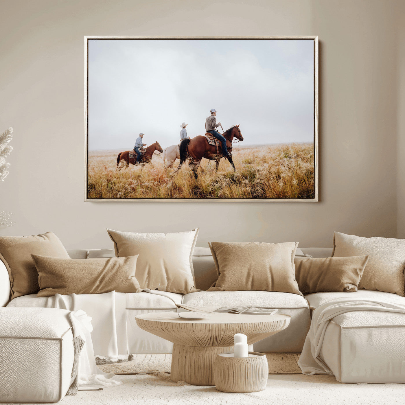 Three cowboys riding horses through a foggy prairie landscape, dressed in Western attire, evoking a rustic and adventurous Wild West aesthetic.