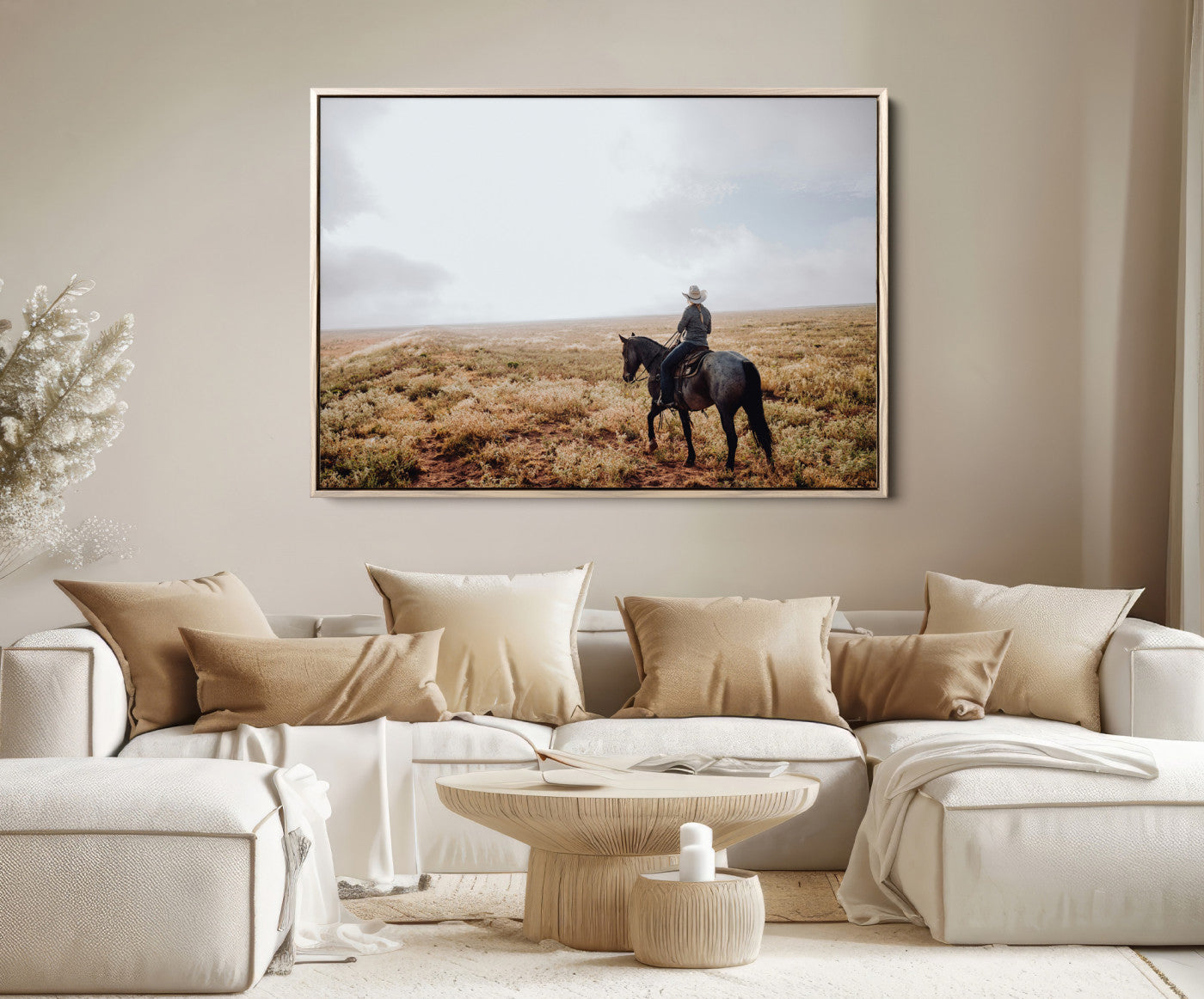57597730-MGV-FC-36X24-Cowboy Wall Art Canvas Print – Framed Western Rustic Ranch Scene Country Landscape Artwork for Home Office