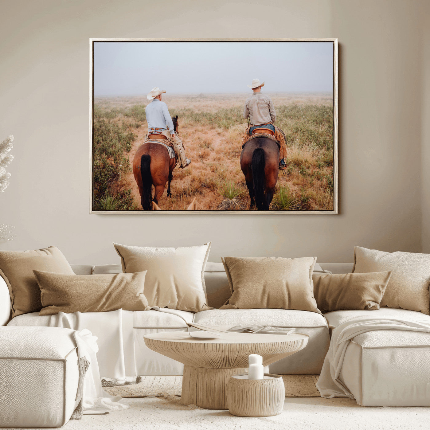 Two cowboys riding horseback through a misty prairie, capturing the rustic and adventurous spirit of the Western frontier.