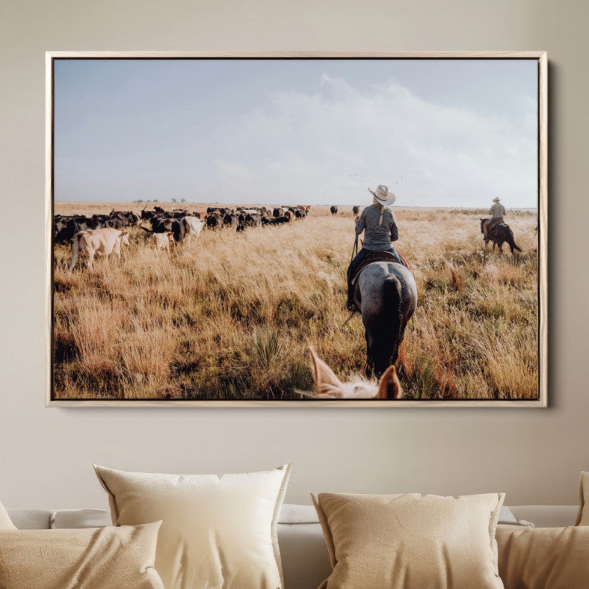 22431577-MGV-FC-36X24-Western Wall Art Canvas Print – Framed Cowboy Cattle Drive Scene Rustic Ranch Landscape Artwork for Home Office