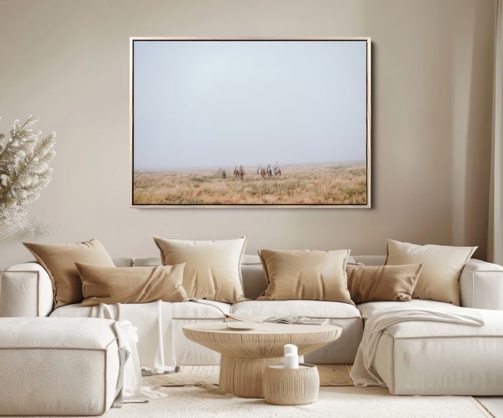 Foggy Plains Wall Art Canvas Print, Framed Horseback Riders Art Picture Print, Rustic Western Perfect Rustic Western Decor Artwork