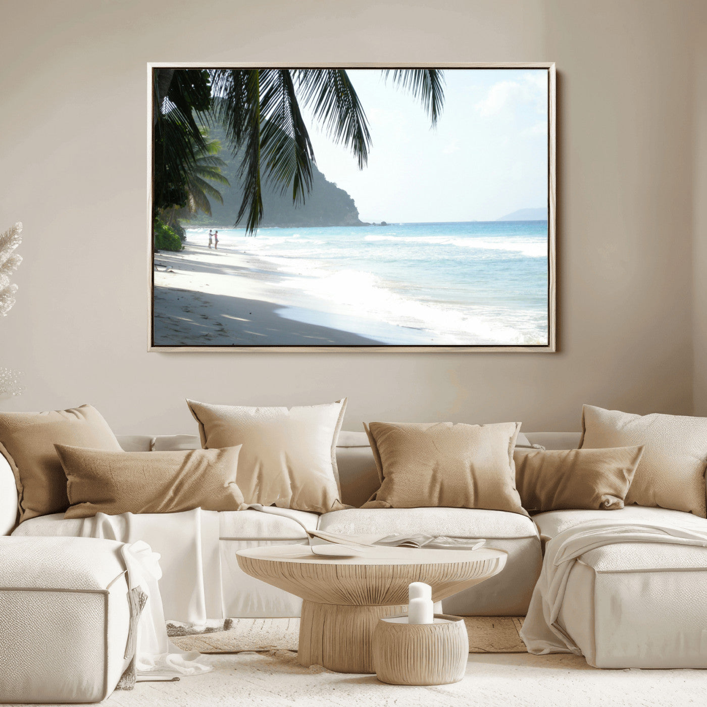 Tropical beach with palm tree shadows, white sand, and turquoise ocean waves, creating a serene and relaxing island escape atmosphere.