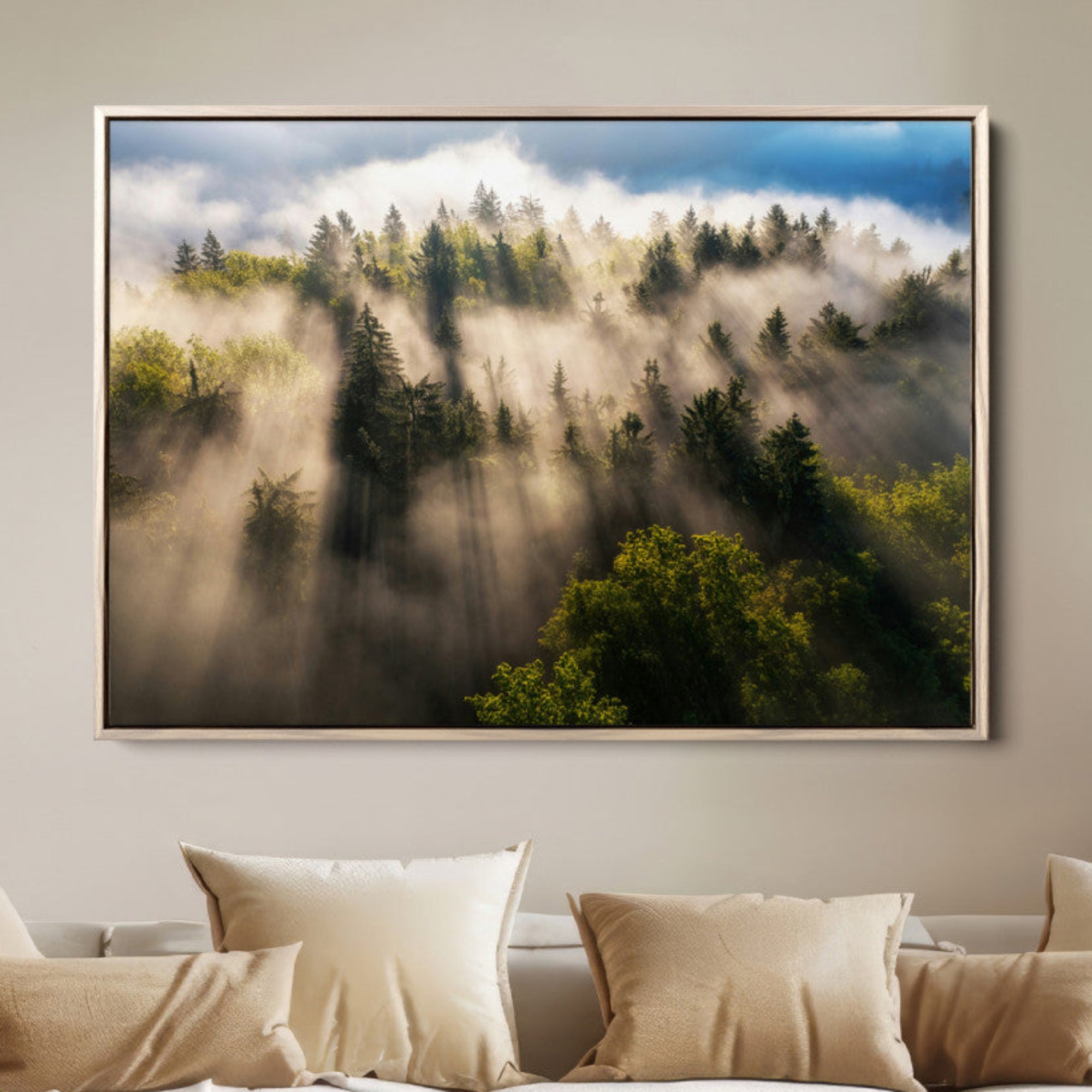 14785710-MGV-FC-36X24-Tranquil Forest Scene Wall Art Canvas Print – Framed Moody Sunbeam Through Trees Nature Artwork for Home Office