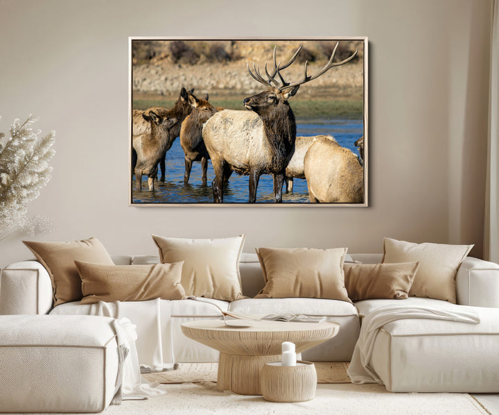 Wild Elk Photography Wall Art Canvas Print, Framed Neutral Wildlife Scene Art Picture Print, Rustic Animal Print Perfect Rustic Farmhouse