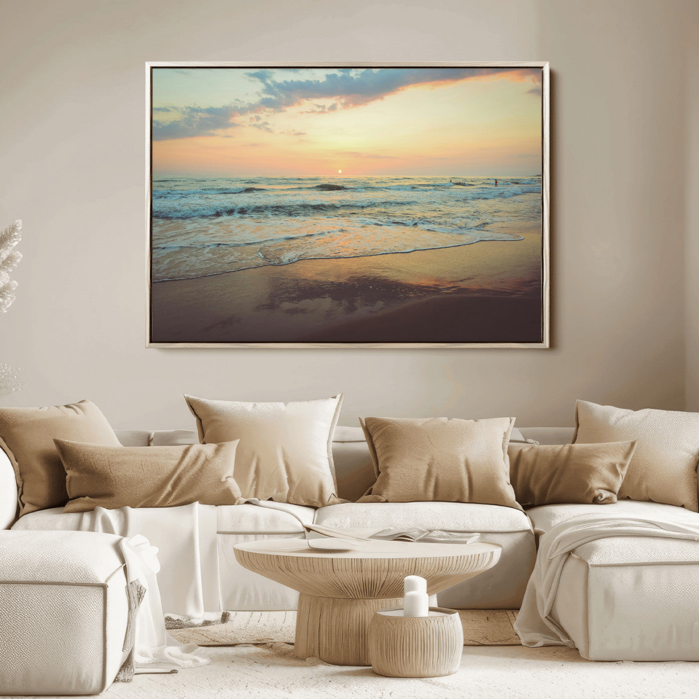 Warm sunset over gentle ocean waves with pastel sky and reflections on wet sand, creating a calm and soothing beach ambiance.