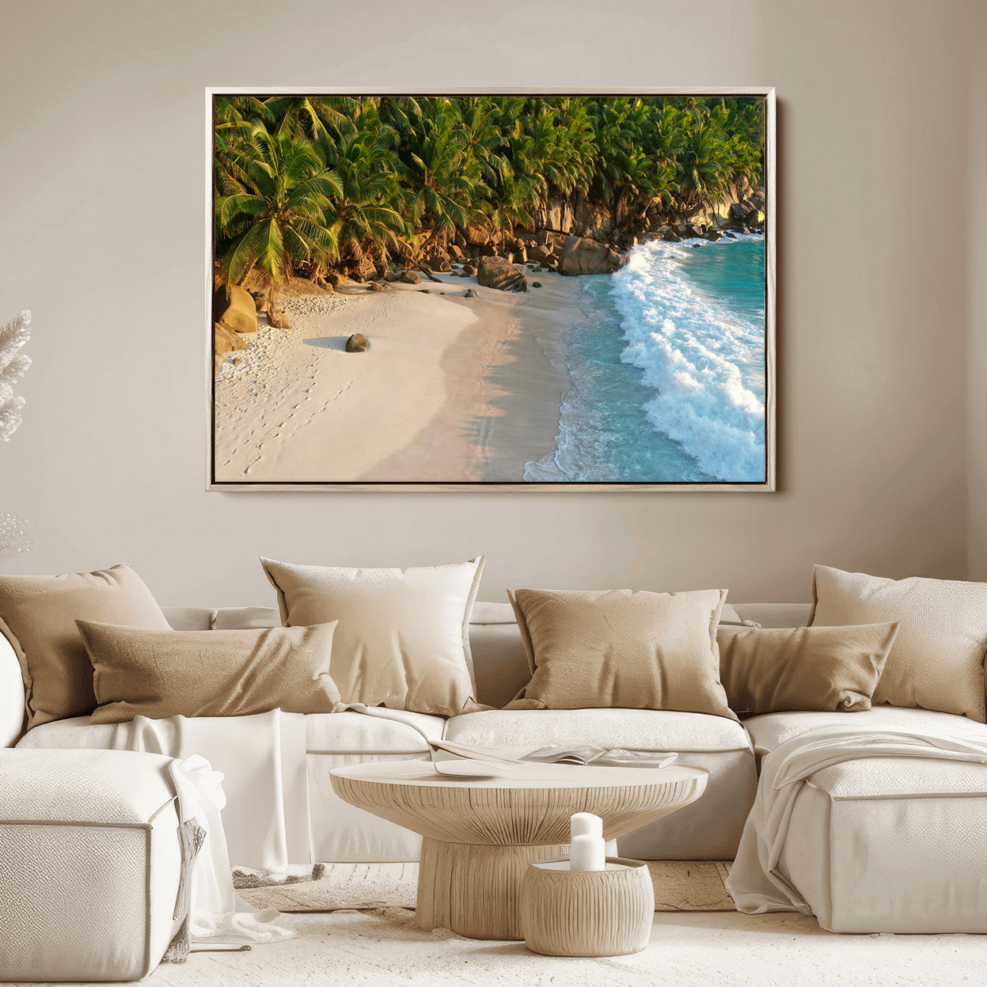 Tropical beach with golden sand, turquoise ocean waves, and lush palm trees, creating a serene coastal paradise for beach-themed decor.
