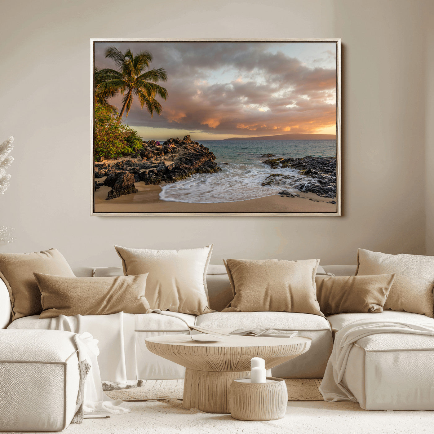 Golden sunset over a tropical beach with palm trees, rocky shoreline, and gentle ocean waves, perfect for coastal and island-inspired decor.