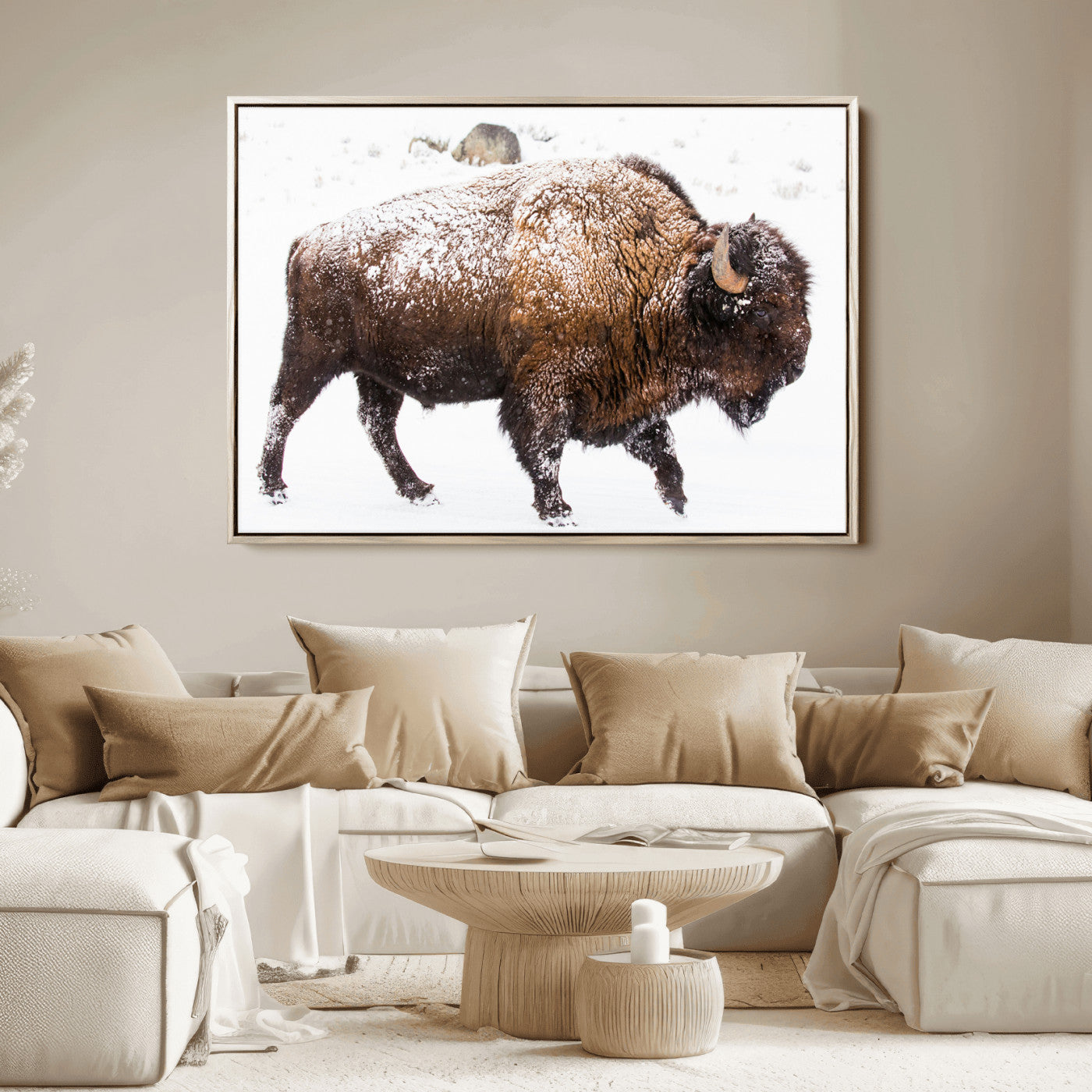 Side profile of a powerful bison walking through deep snow, with frost-covered fur and a white winter background, perfect for rustic and western decor.